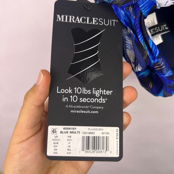 Miraclesuit Plunge Bra, Blue Multi, Nylon Spandex, Underwire Swim Top, 36DDD - Picture 9 of 16